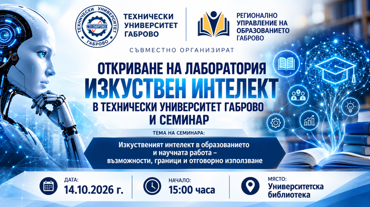 Технически университет – Габрово открива нова лаборатория за изкуствен интелект и организира семинар съвместно с Регионалното управление на образованието – Габрово